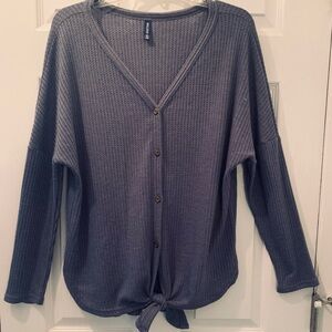 Women’s Waffle Knit Top•Button Down•Front Tie•Grayish Blue•Size Small